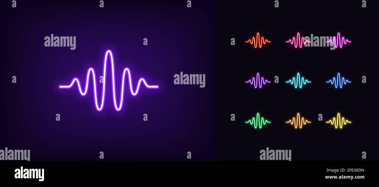 Neon sound wave icon. Glowing neon waveform sign, outline voice silhouette in vivid colors. Acoustic vibration, voice recognition, sound signal shape. Stock Vector