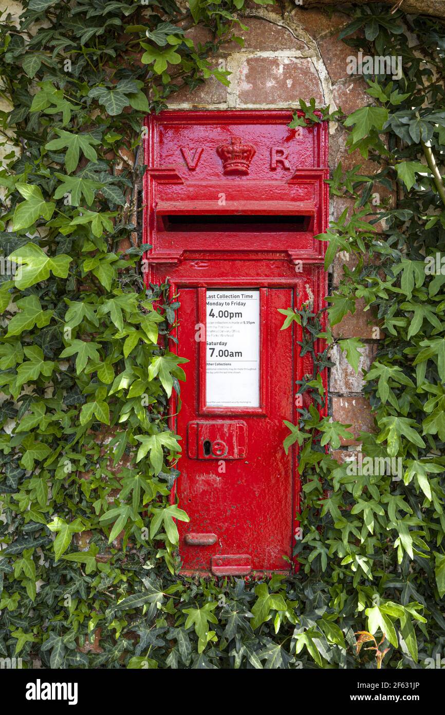 An ivy clad pre 1901 Victorian post box (VR Victoria Regina) in the Exmoor village of Bury, Somerset UK Stock Photo