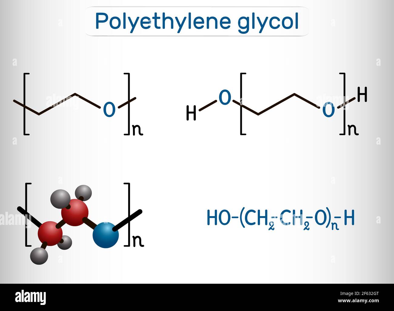 Polyethylene glycol, PEG, polyethylene oxide, PEO, polyoxyethylene, POE molecule. It is versatile polyether, E1521. Structural chemical formula and mo Stock Vector