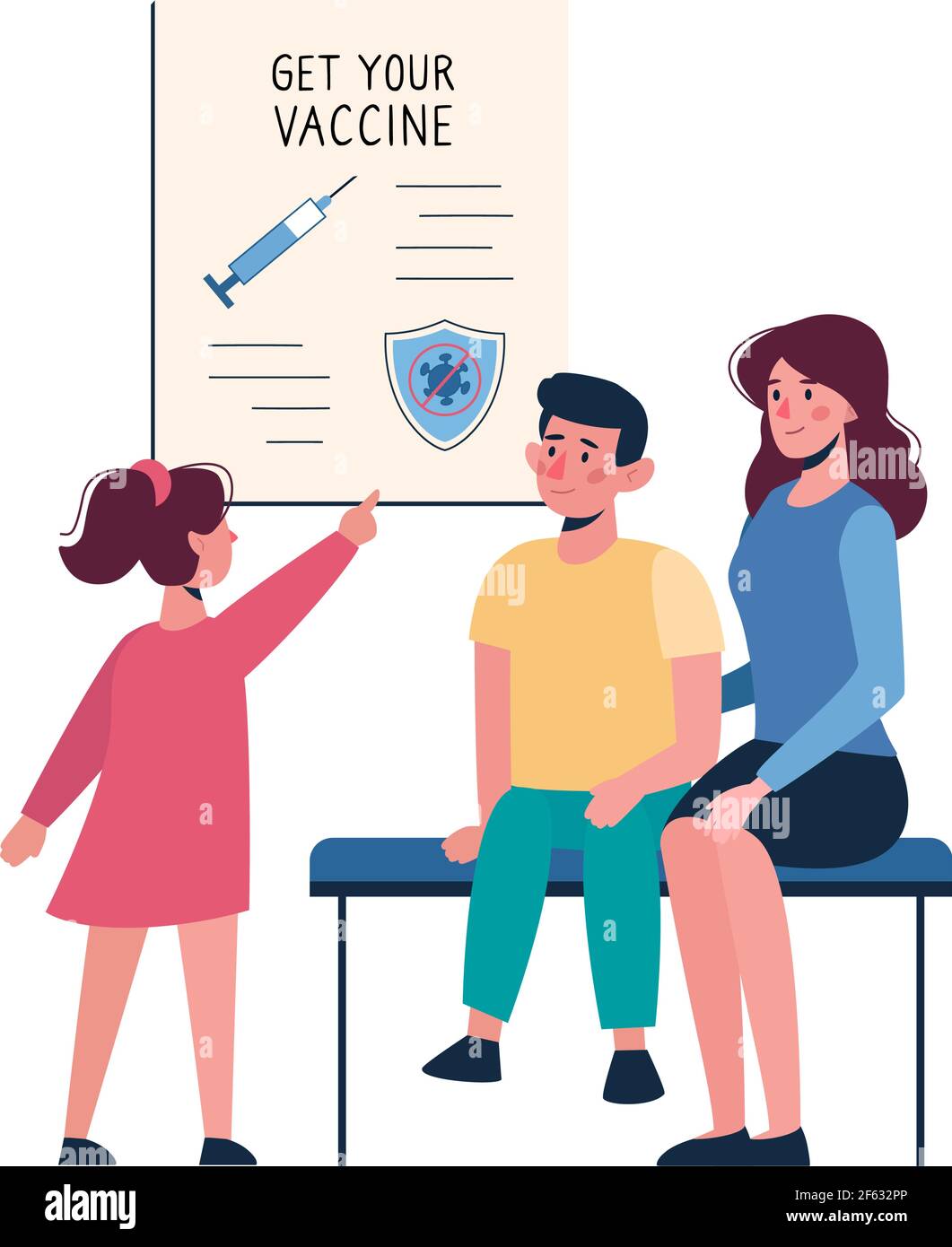 Medical poster on vaccination of people against coronavirus COVID-19. The  woman brought the children to the hospital for vaccination. Vector people,  a vaccine, a shield, a syringe. Cartoon style Stock Vector Image