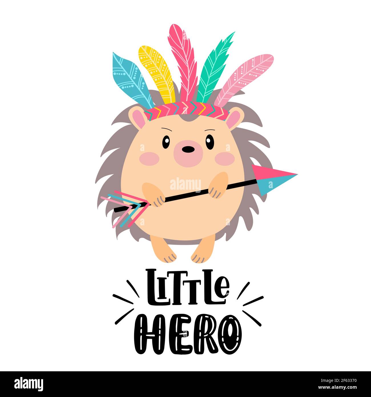 Cute hedgehog - indian, inscription - little hero Stock Vector