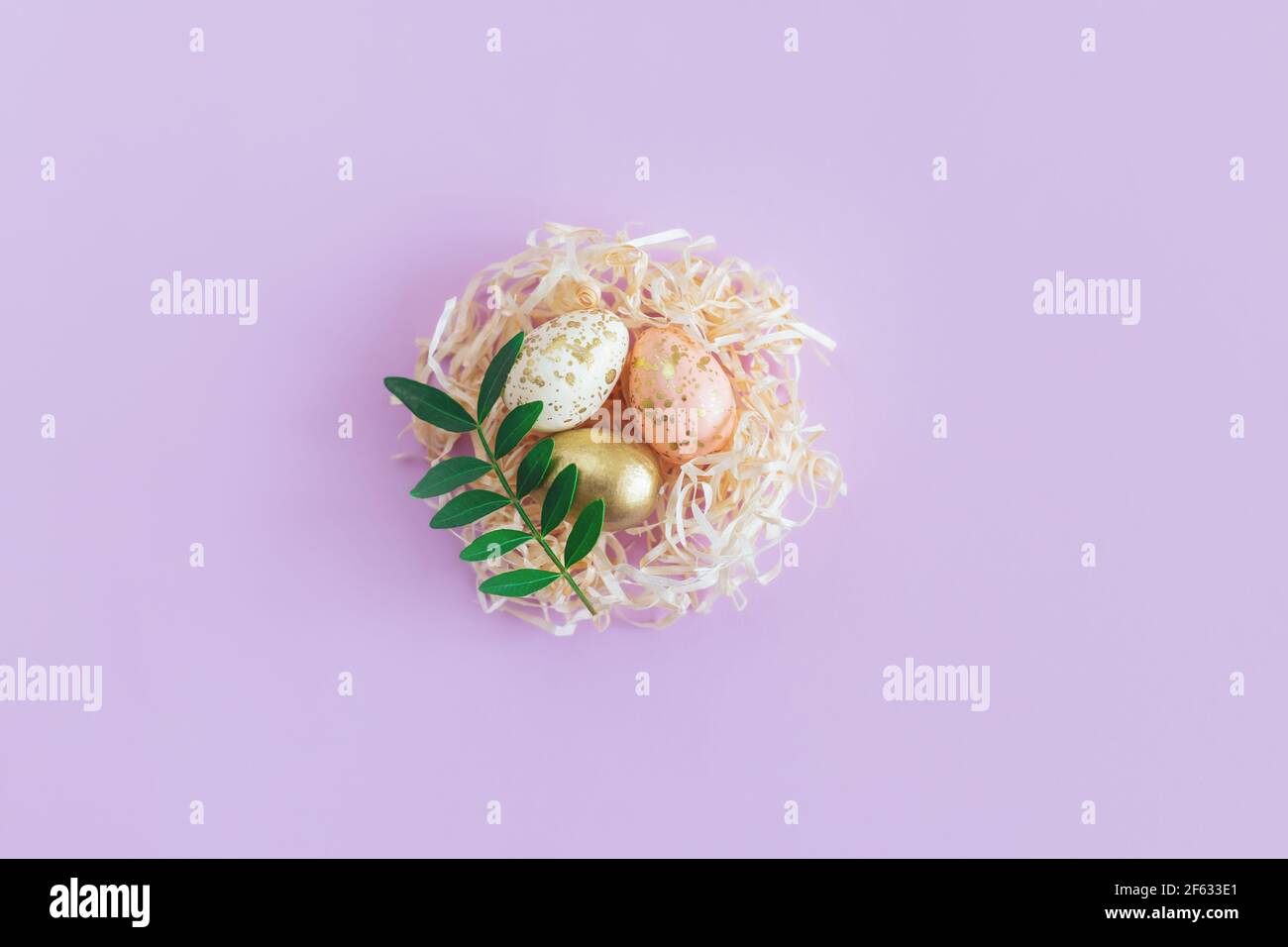 Easter background with eggs in a nest and green leaf. Pastel colors ...