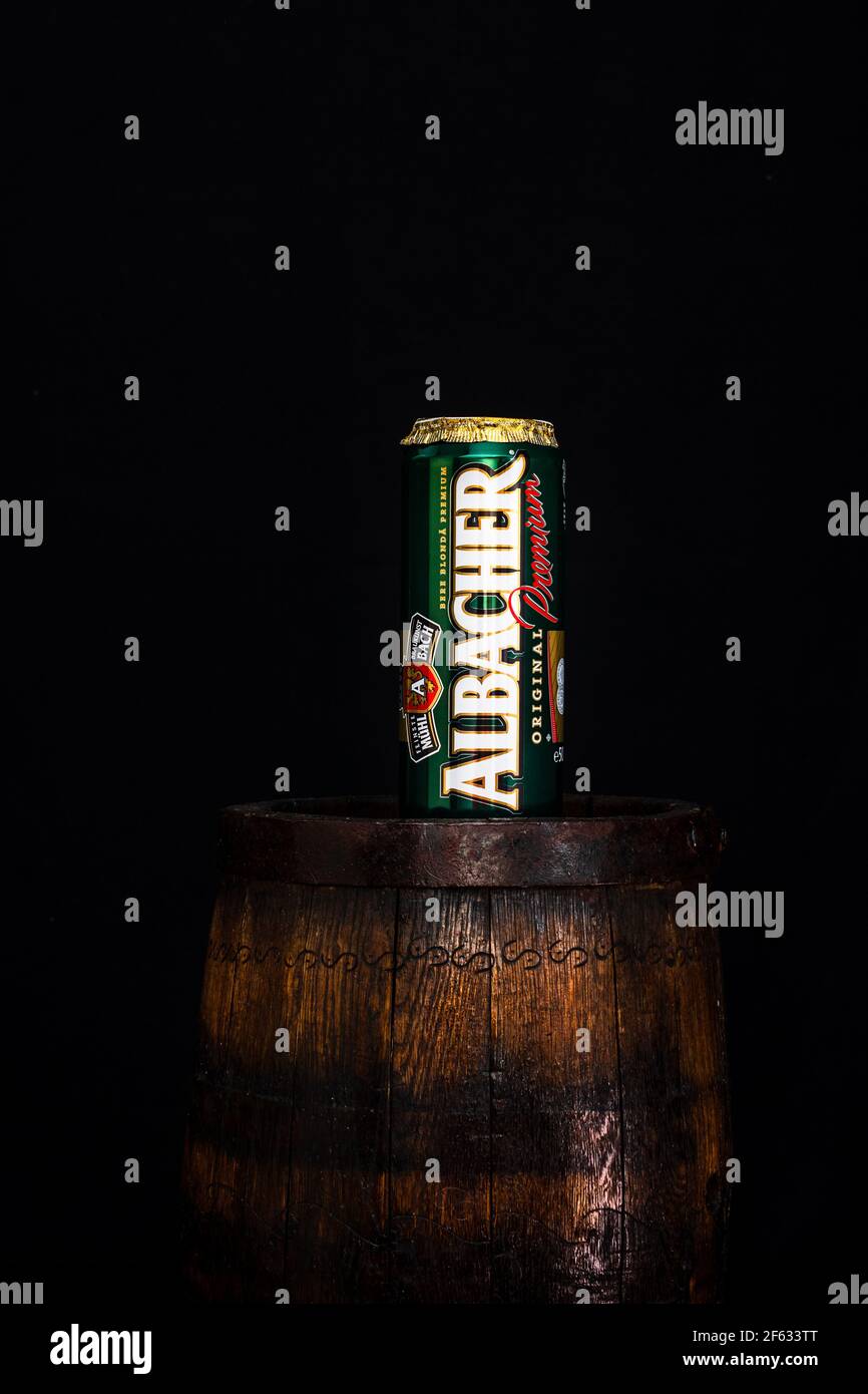 Can of Albacher beer on beer barrel with dark background. Illustrative ...