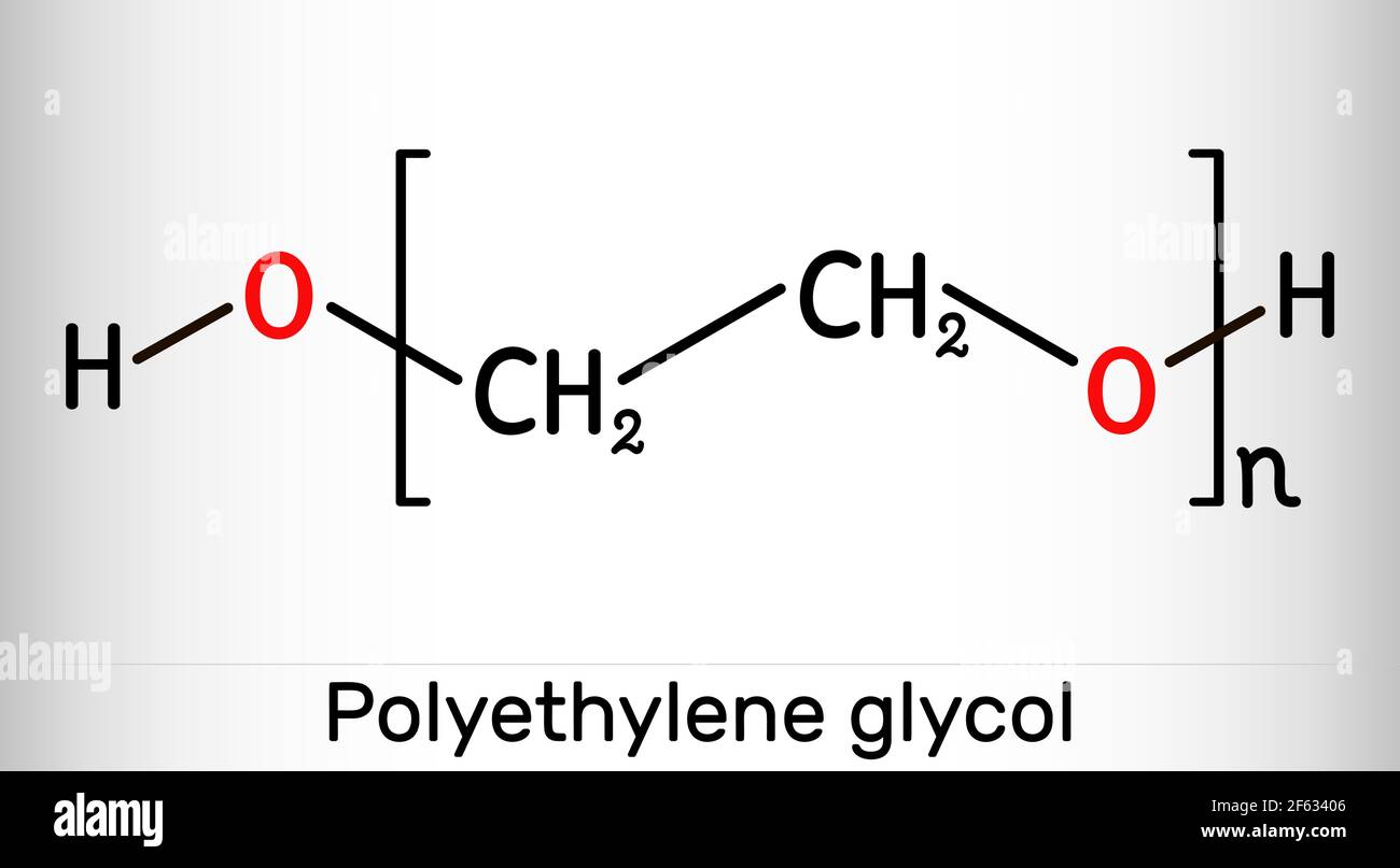 Polyethylene glycol, PEG, polyethylene oxide, PEO, polyoxyethylene, POE molecule. It is versatile polyether, E1521. Structural chemical formula and mo Stock Vector