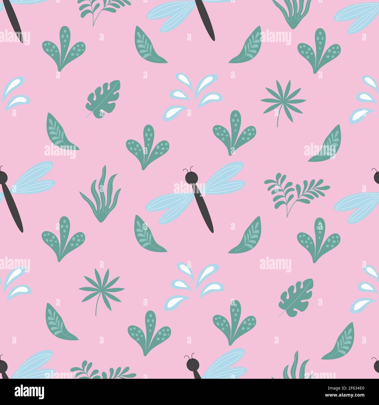 Seamless pattern with a leaves, dragonfly Stock Vector