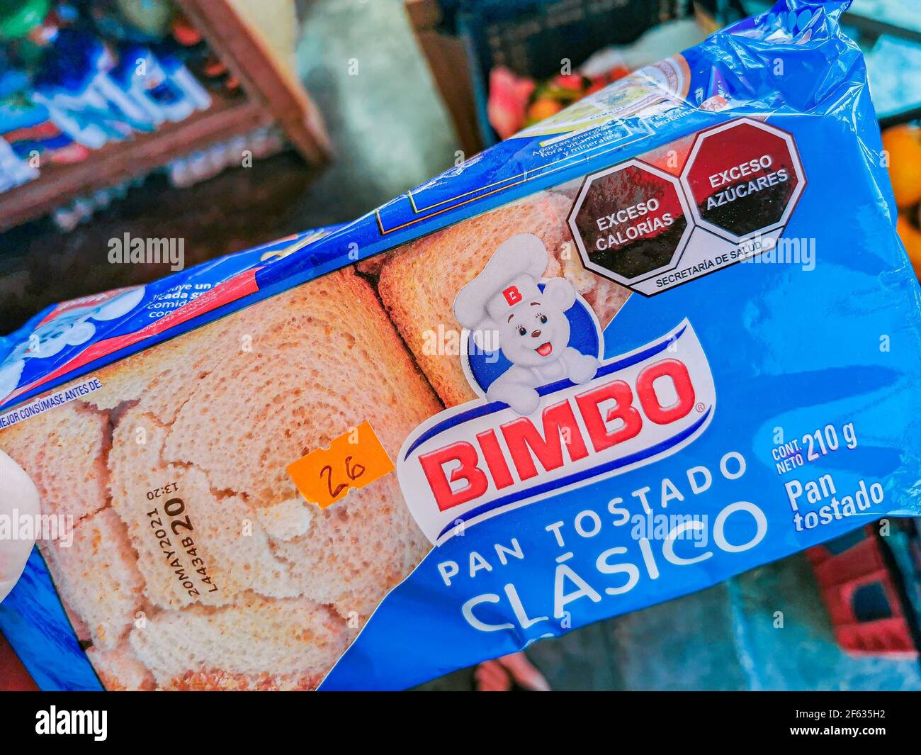 Bimbo toast white bread packaging in the supermarket in Playa del