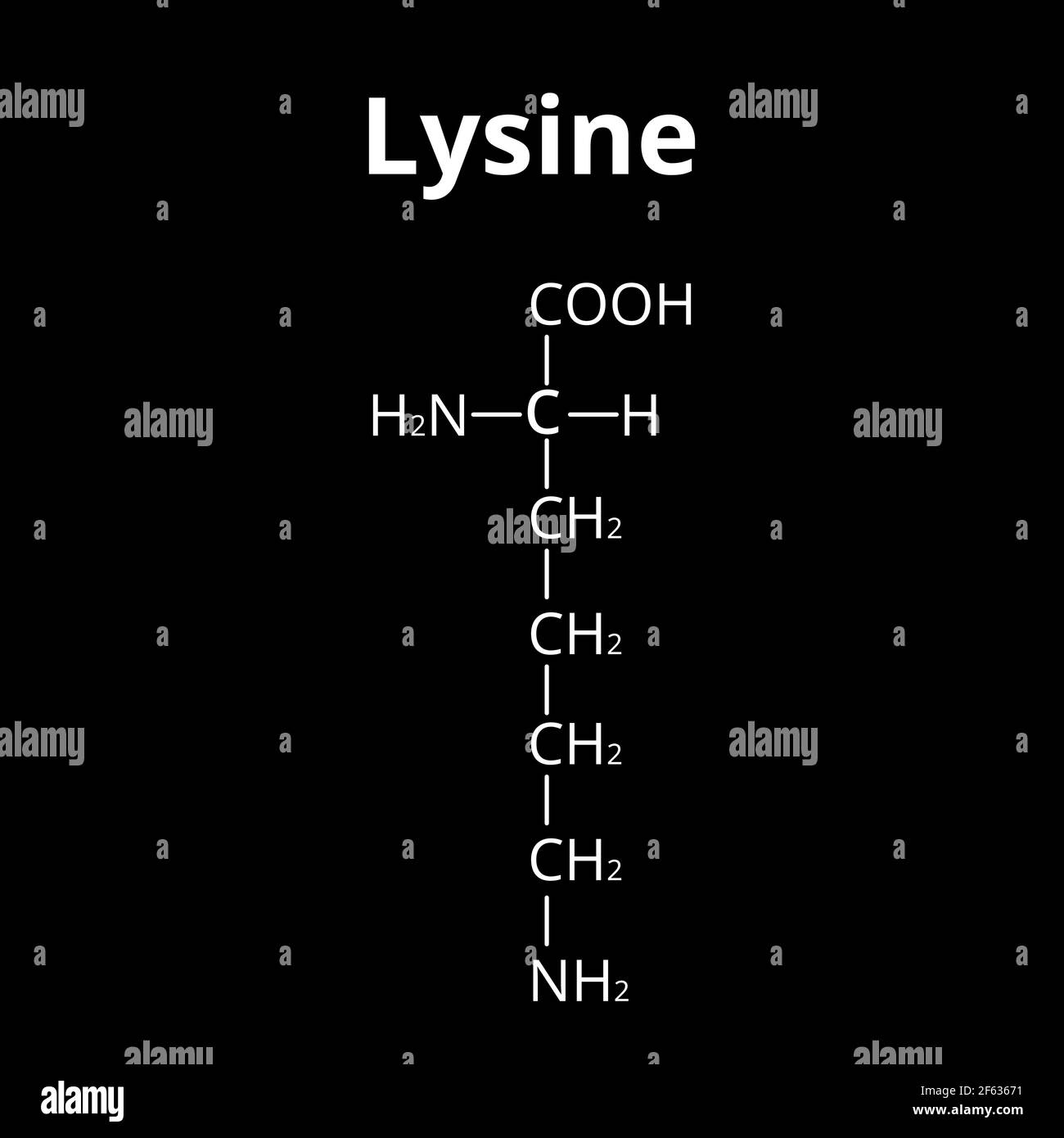 Amino acid Lysine. Chemical molecular formula Lysine is an amino acid