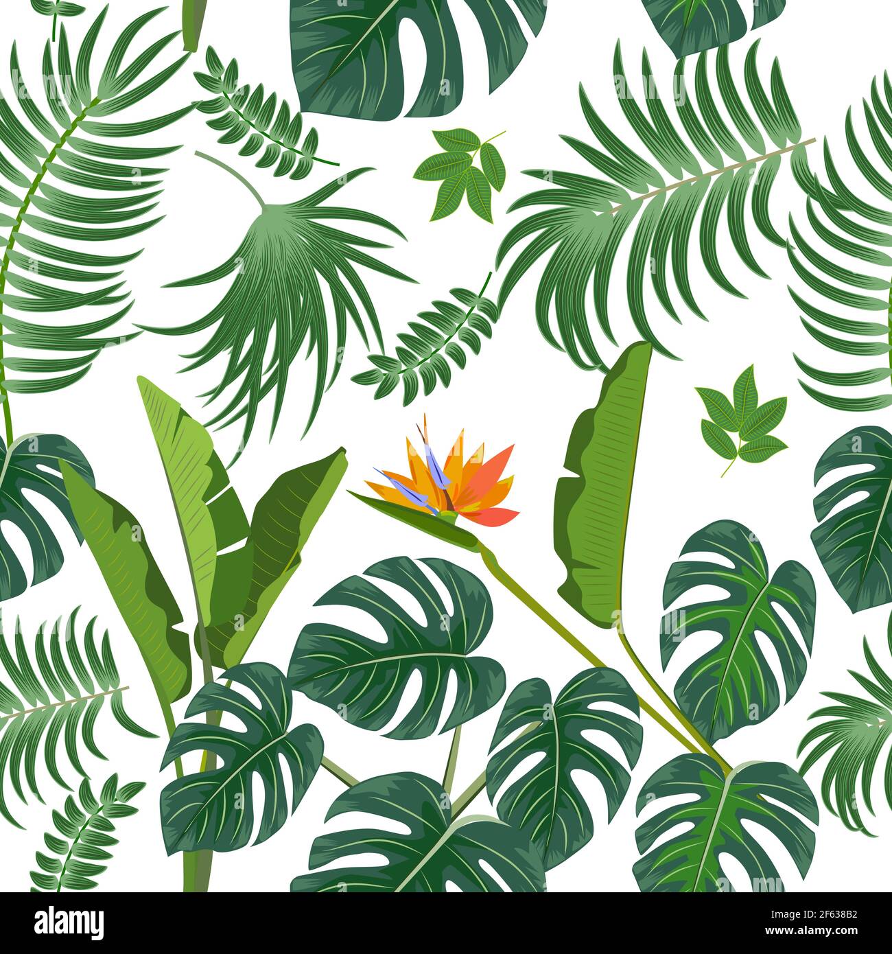 Vector tropical seamless pattern with leaves of palm tree and flowers. Botany light background, jungle wallpaper. Stock Vector