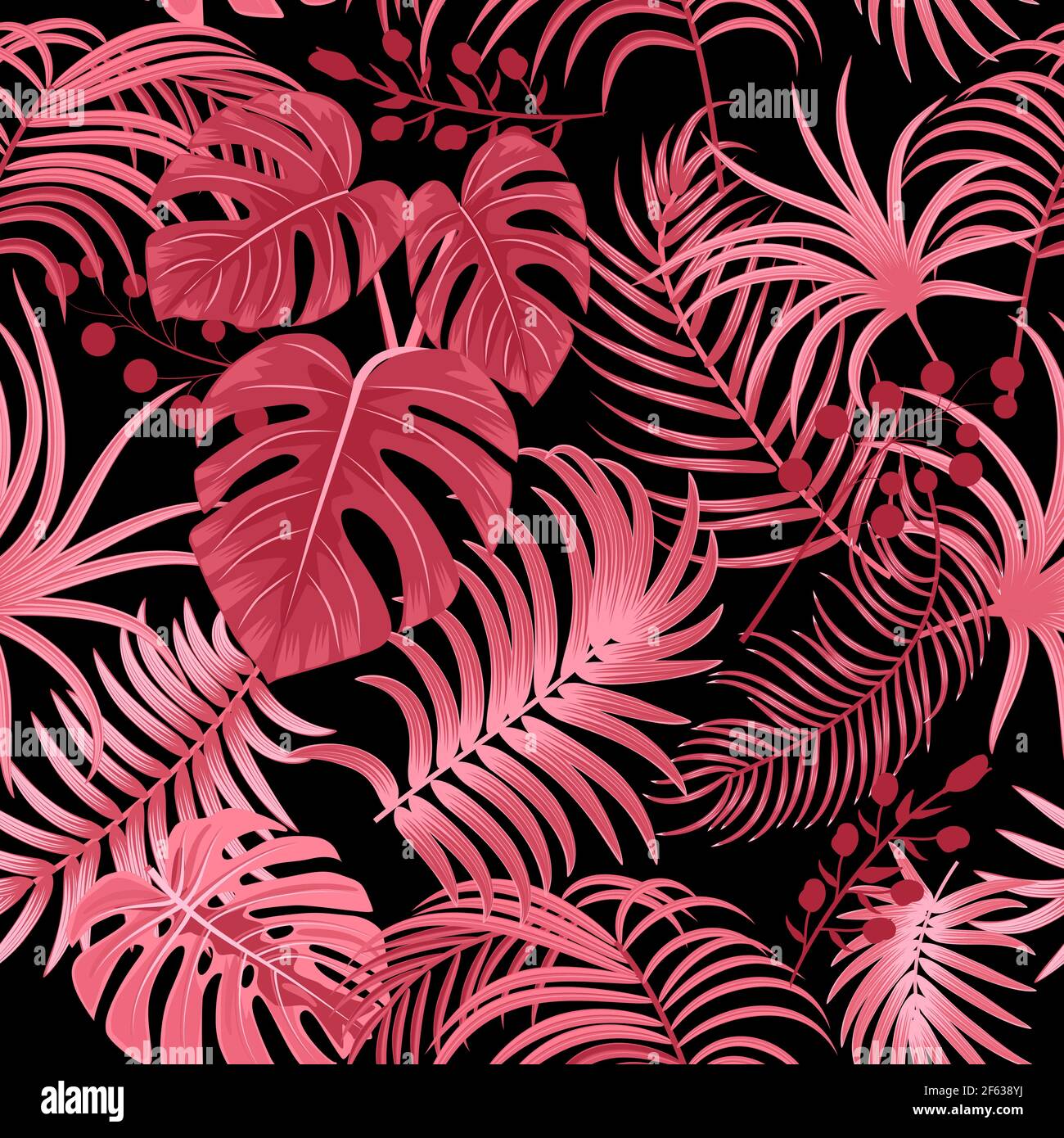 Tropical vector seamless pattern with leaves of palm tree and flowers ...