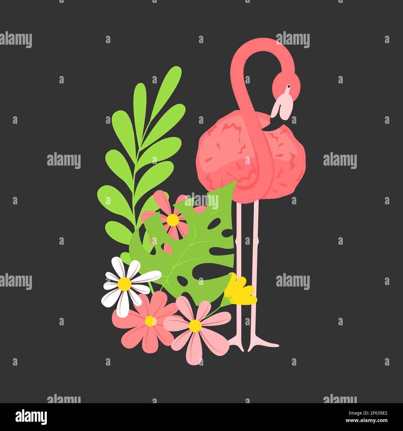 Flamingo bird with exotic tropical leaves and flowers. Summer ...