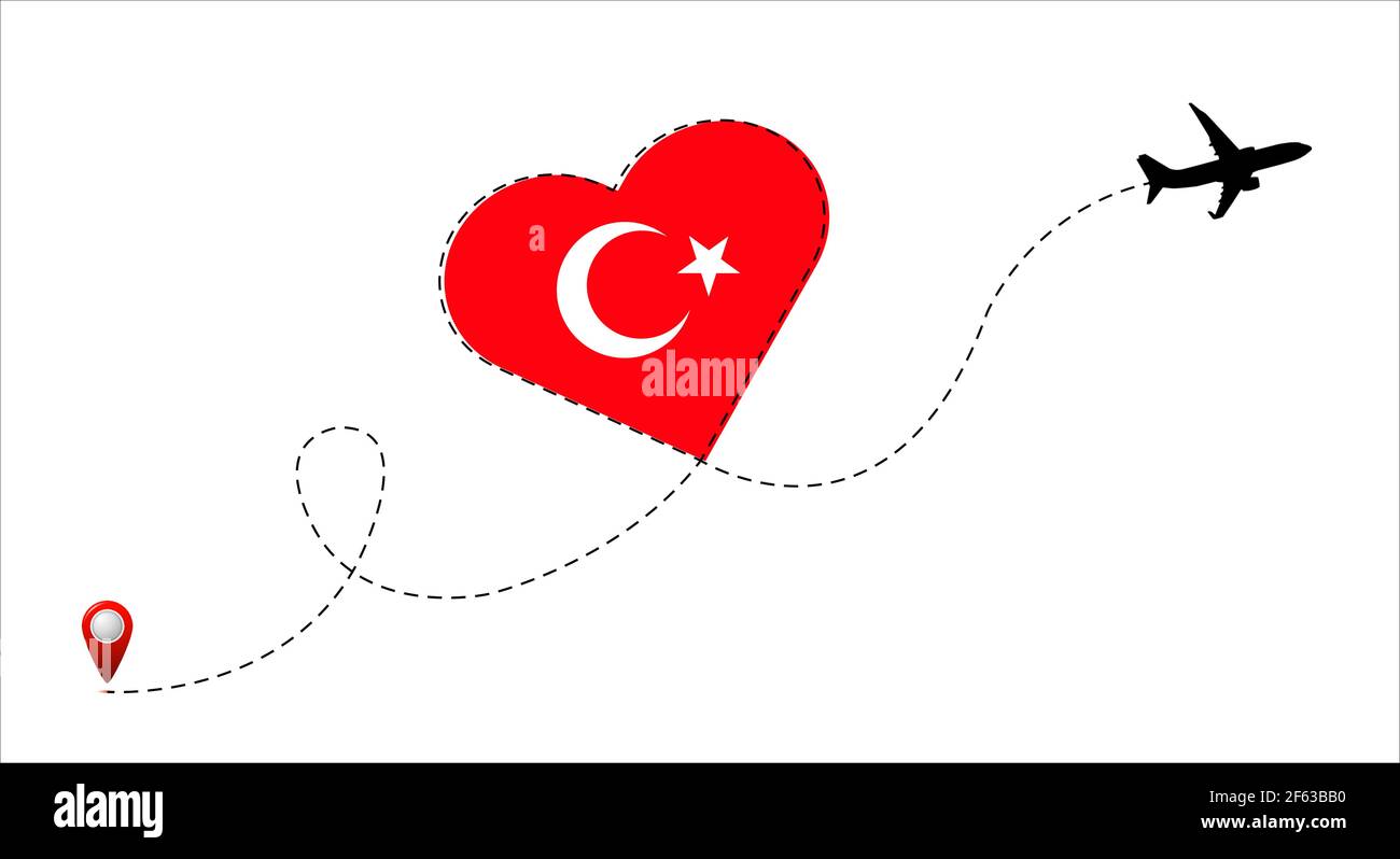 Airplane flight route with the Turkey flag inside the heart. Travel to ...