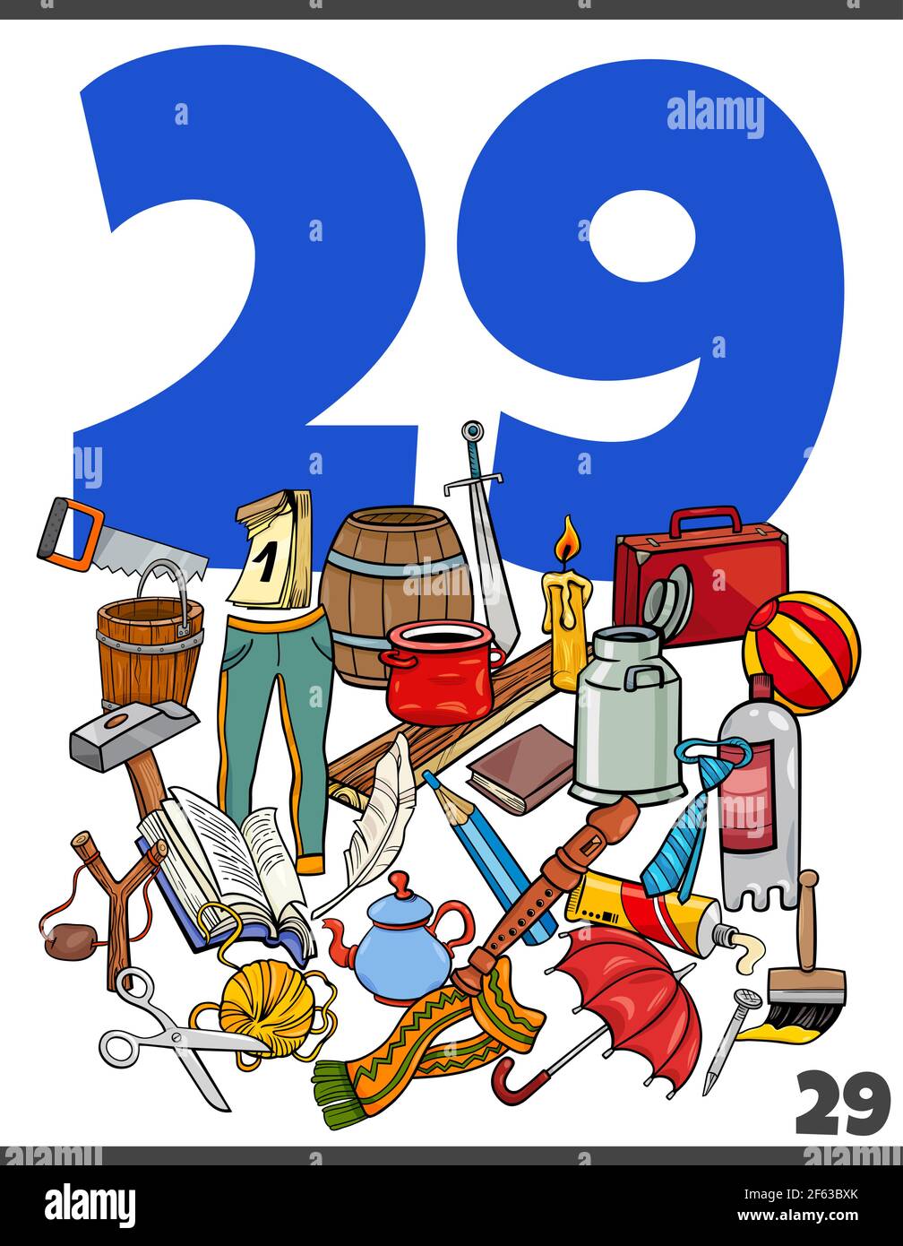 Cartoon illustration of number twenty nine for children with objects group Stock Vector