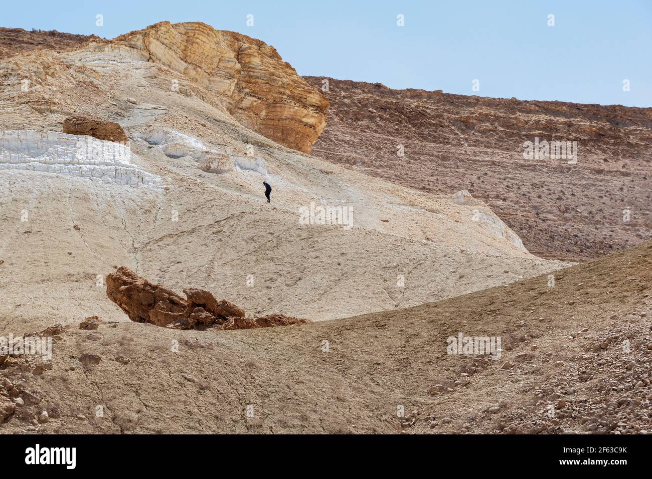 a hiker struggles up the challenging Divshon Ascent up the barren chalky limestone cliffs near Sde Boker in the Negev Desert in Israel Stock Photo