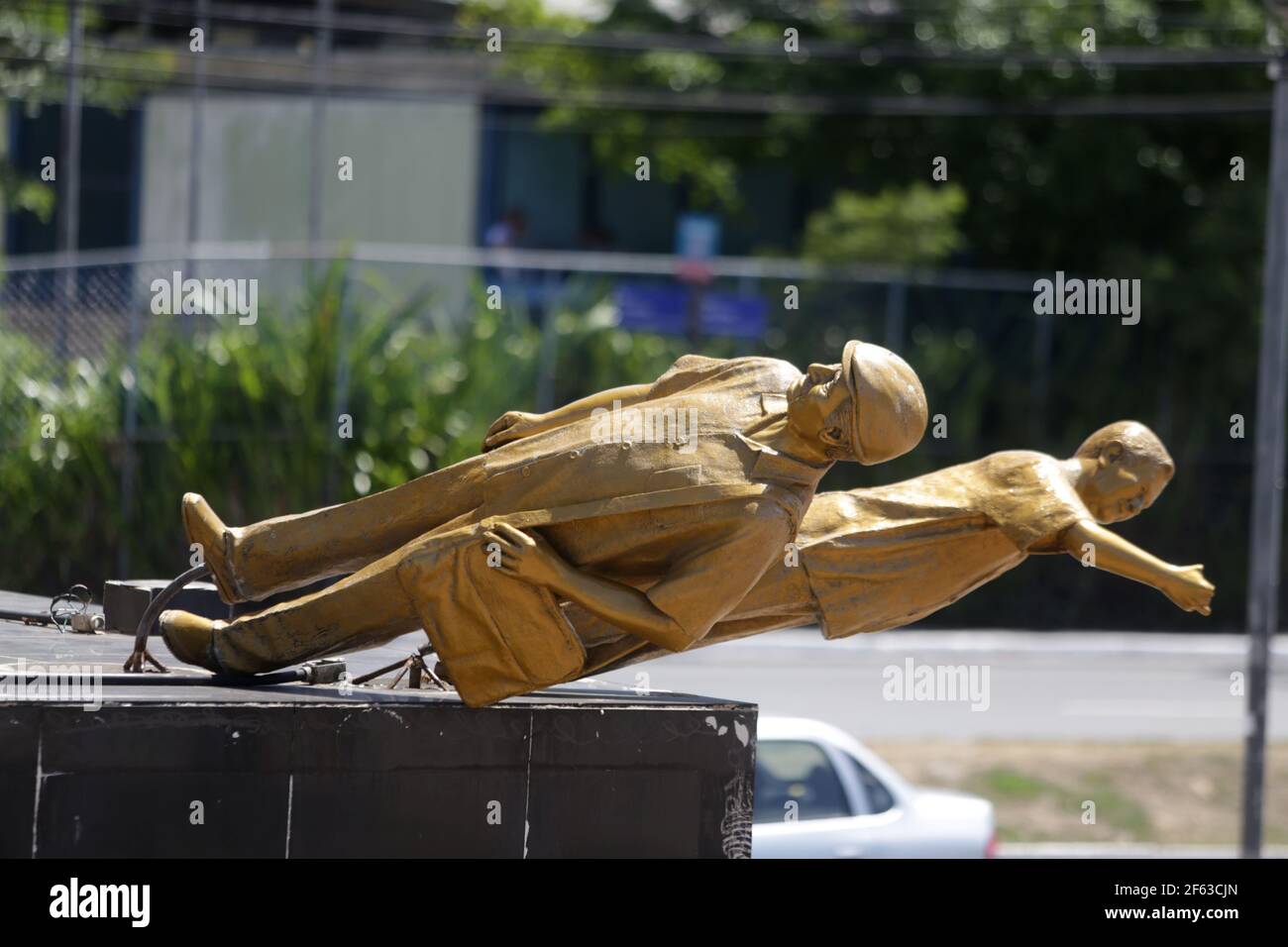 salvador, bahia / brazil - november 19, 2018: Statue of Jorge Amado and Zelia Gattai is seen tumbled due to vandelism in the neighborhood of Imbui in Stock Photo