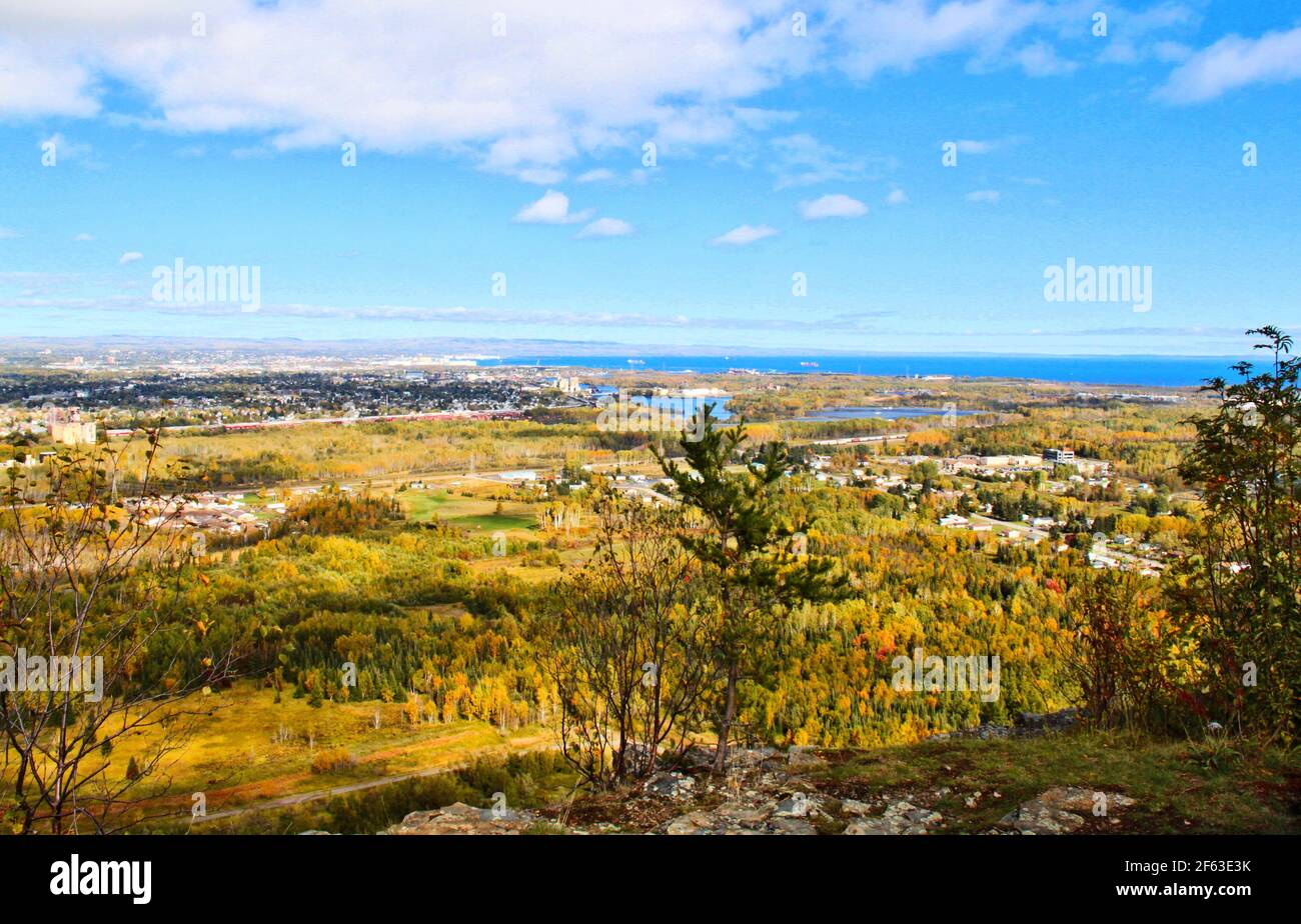 Looking over Thunder Bay and Lake Superior  from the first nation look out on Mt. McKay on a sunny fall day. Stock Photo