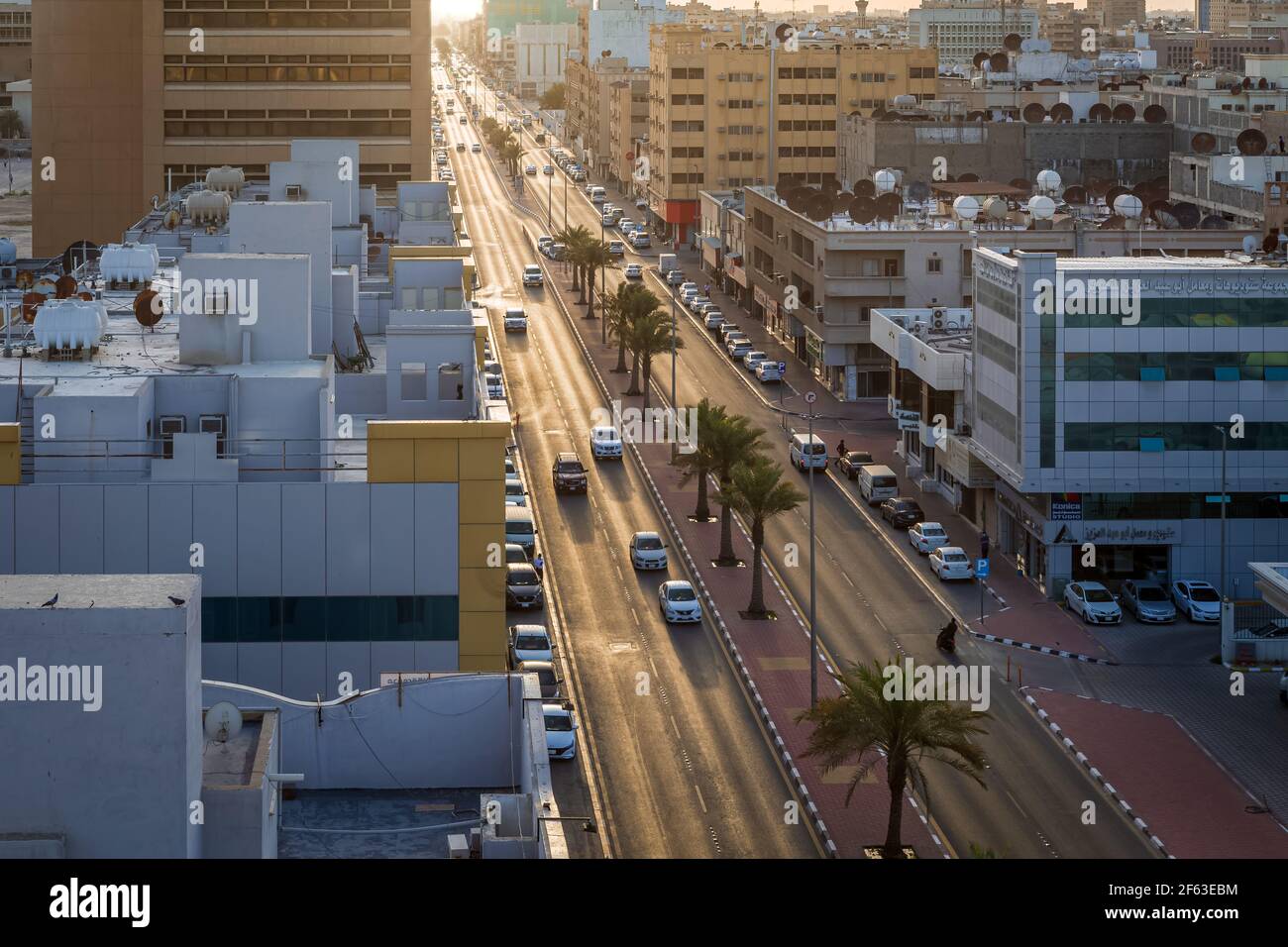Aerial view of Dammam Street urban city in Sunset background -Dammam, Saudi Arabia. 29-March-2021. Stock Photo