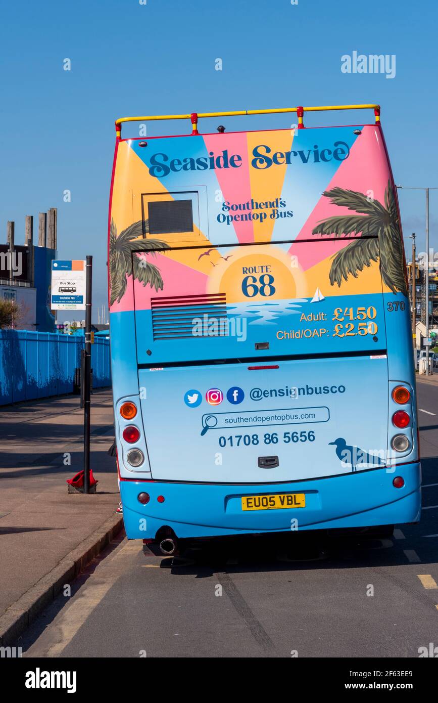 EnsignBus open top bus at a bus stop in Southend on Sea, Essex, UK. Route 68 Seaside Service runs from Southend Pier to Leigh station along seafront Stock Photo