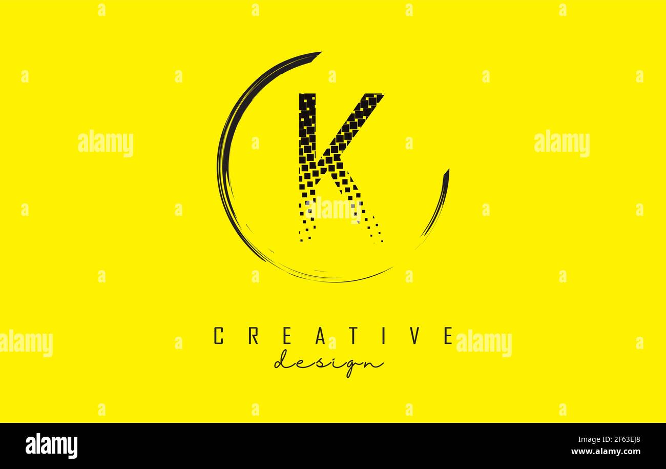K letter logo design with black dots and circle frame on bright yellow ...