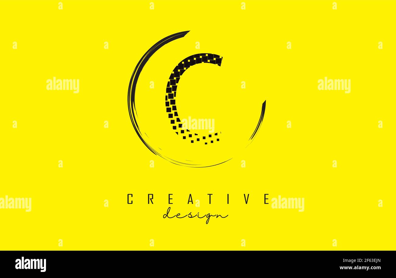 C letter logo design with black dots and circle frame on bright yellow ...
