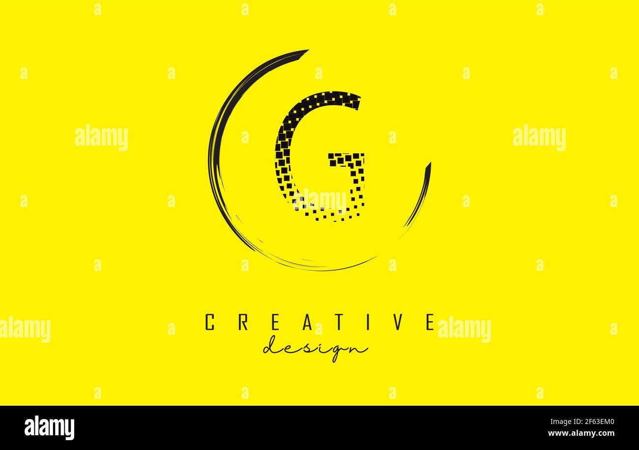 G letter logo design with black dots and circle frame on bright yellow ...