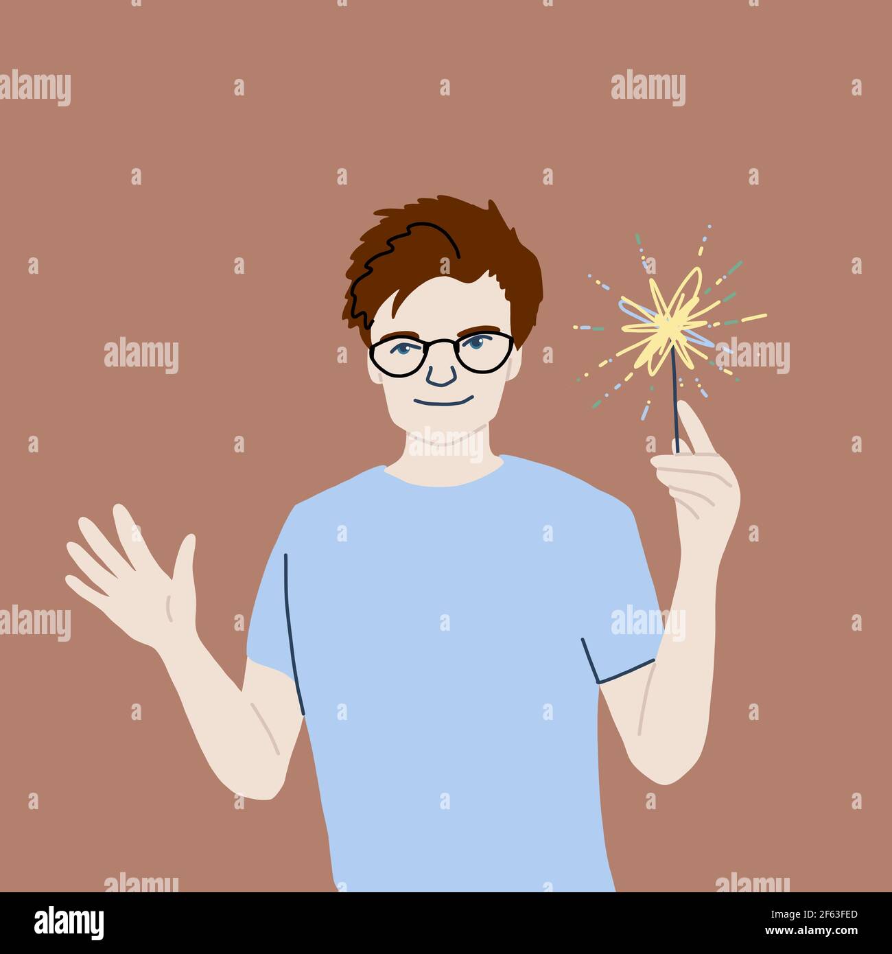 Isolated young man in blue t-shirt holds fireworks device or magic wand in one hand. Vector portrait of cartoon smiling male person holding burn spark Stock Vector