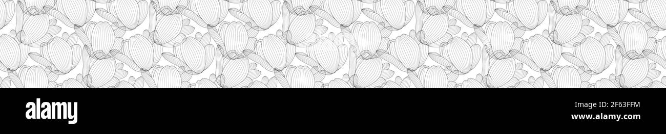 Wide Picture Drawn black and white tulip with a contour line. Full Seamless pattern. Vector Illustration Stock Vector