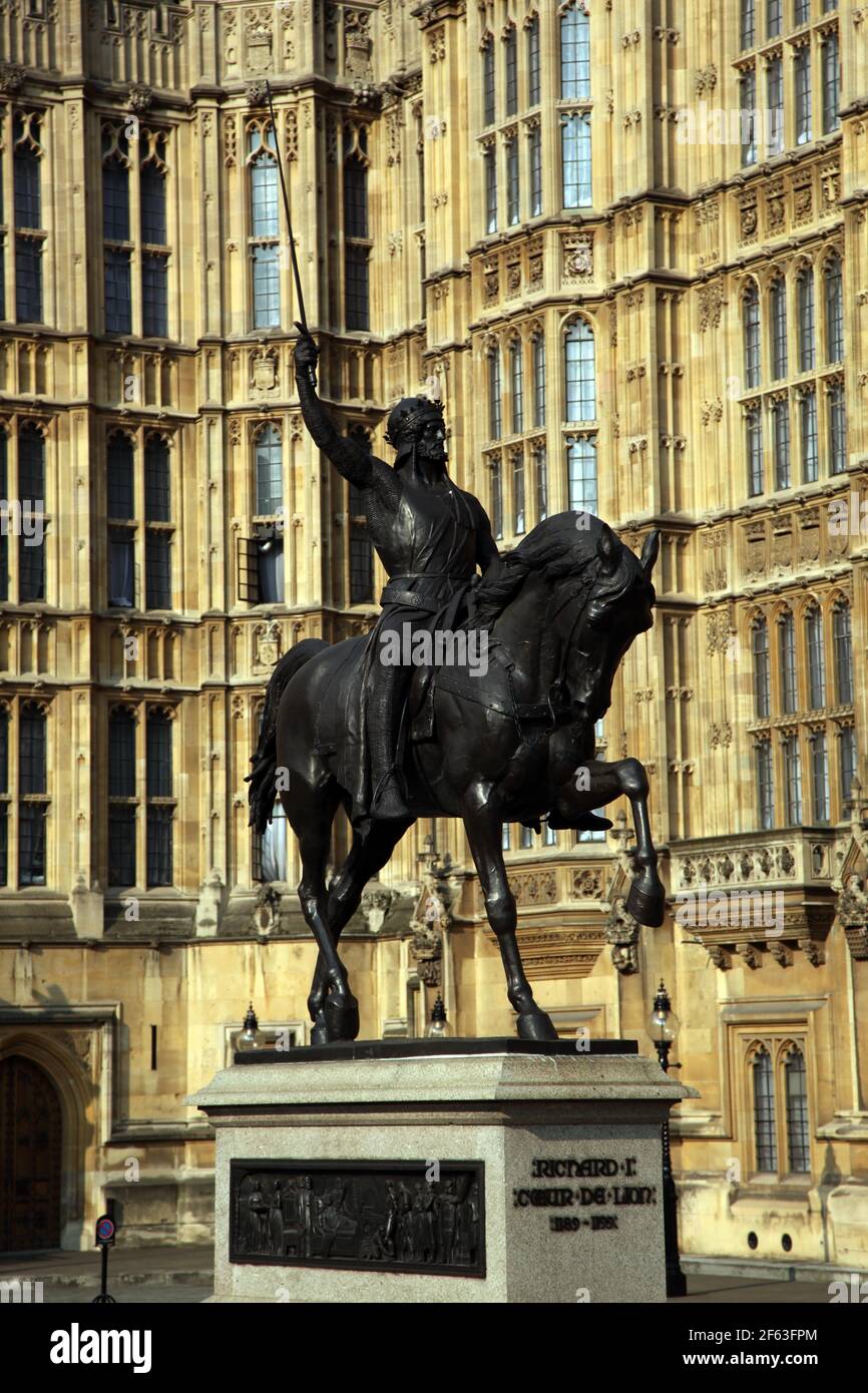 21 April 2011. London, England. Statue of Richard 1st outside the British Houses of Parliament. Photo copyright ©; Charlie Varley/varleypix.com Stock Photo