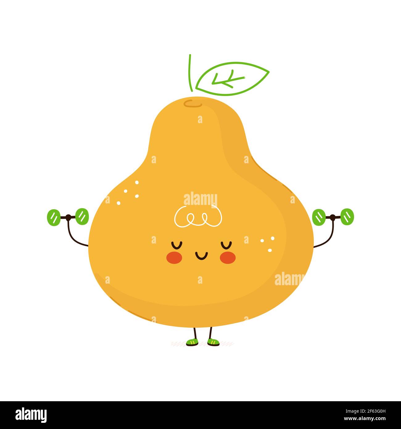 Cute funny Pear fruit with dumbbells. Vector hand drawn cartoon kawaii ...