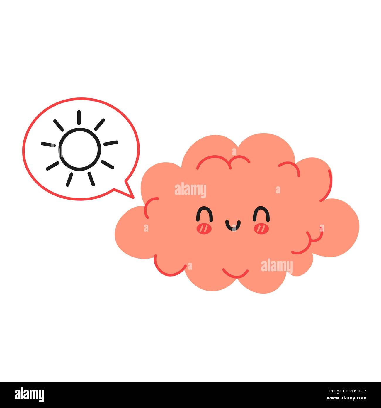 Cute funny brain character and speech bubble with sun. Vector hand drawn cartoon kawaii character illustration icon. Isolated on white background. Brain in good mood character concept Stock Vector