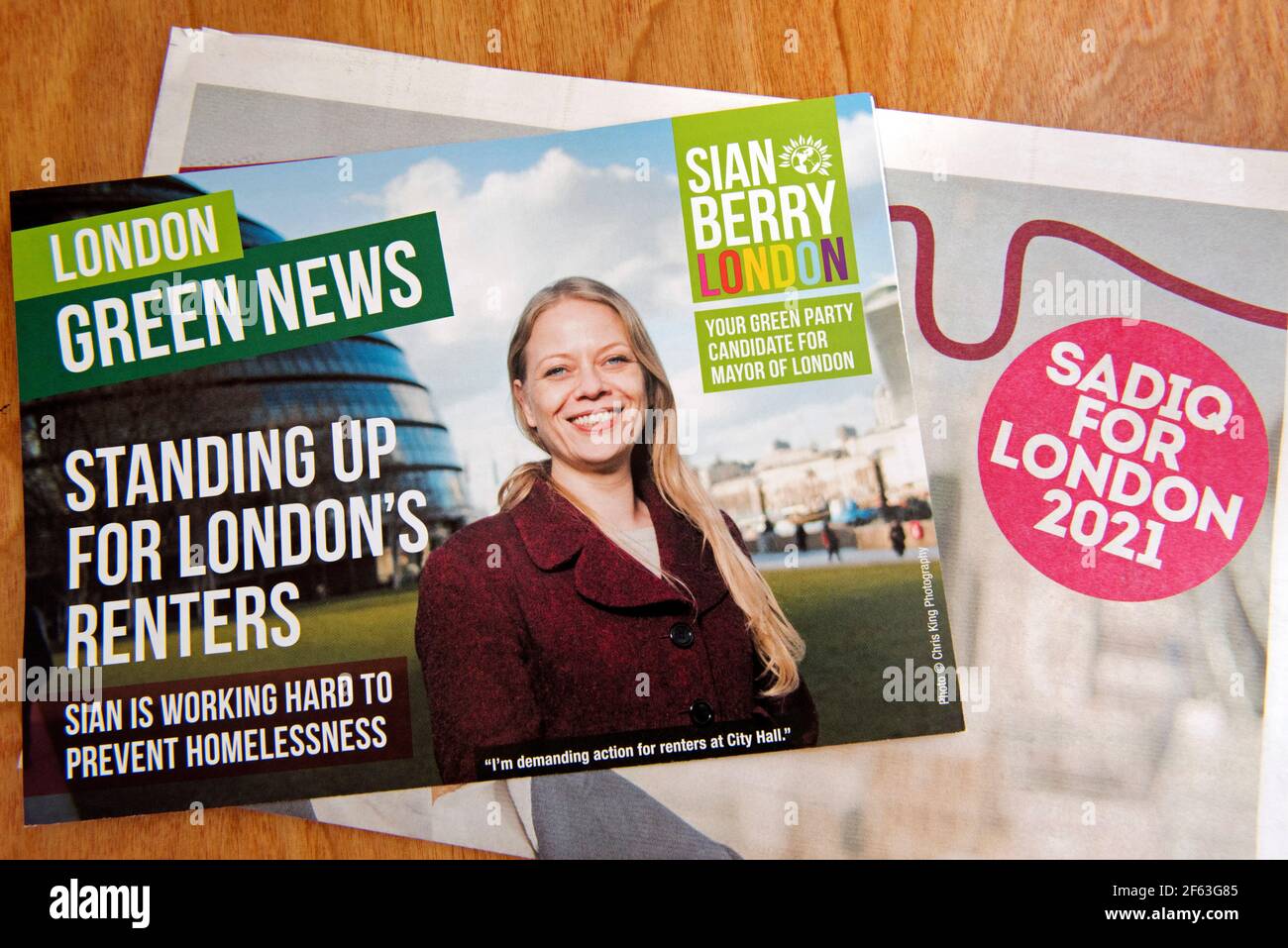 London Mayoral Election political leaflets, London Green News, Sian Berry Green Party candidate and Sadiq Khan Labour for Mayor of London in the UK 2021 Mayoral and Assemble elections Stock Photo