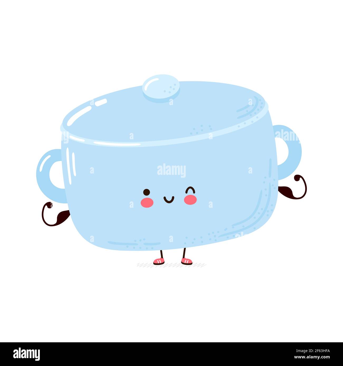 Cute funny Cooking pot show muscle. Vector hand drawn cartoon kawaii character illustration icon. Isolated on white background. Cooking pot fitness concept Stock Vector