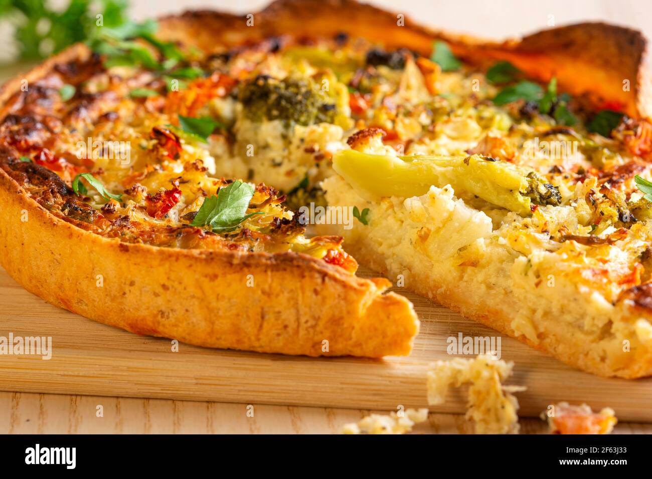 Homemade quiche with vegetables - close up view Stock Photo