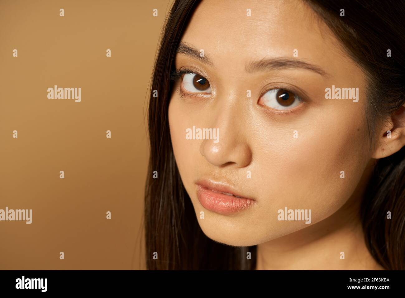 Face Closeup Of Beautiful Mixed Race Young Woman With Glowing Skin Looking At Camera While 5602