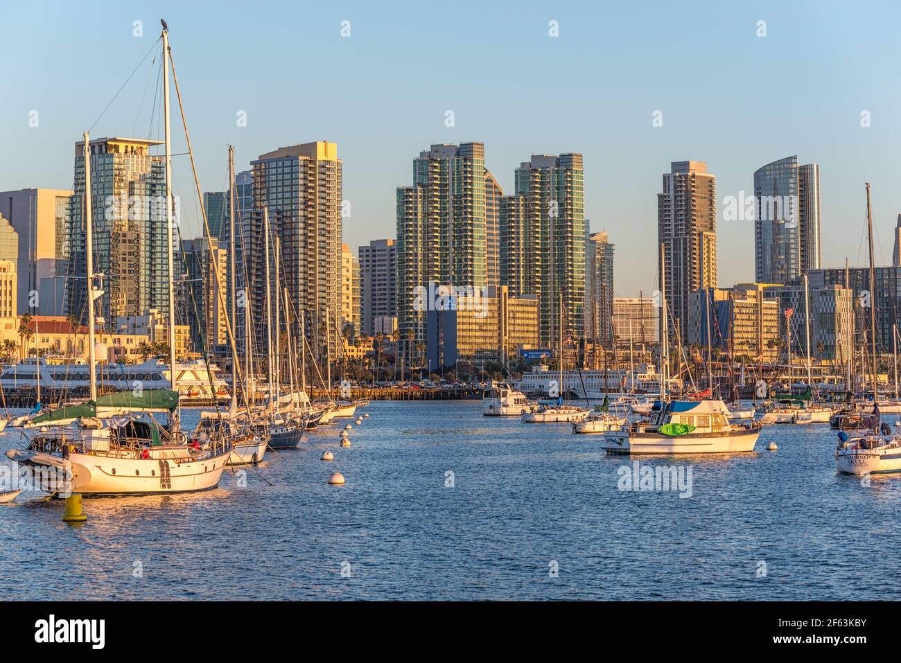 San Diego Skyline and San Diego Harbor on a late winter afternoon. San Diego, California, USA. Stock Photo