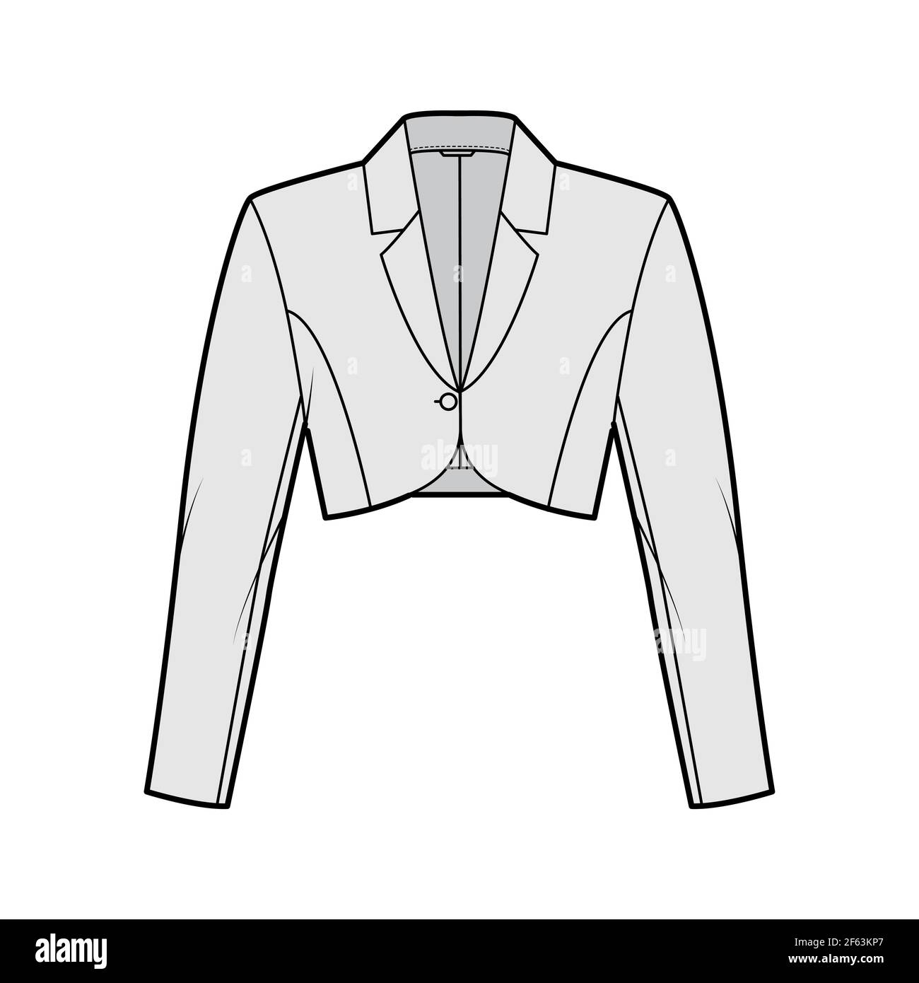 Bolero jacket technical fashion illustration with crop waist length, long  sleeves, notched collar, button closure. Flat blazer template front, grey  color style. Women, men, unisex top CAD mockup Stock Vector Image &