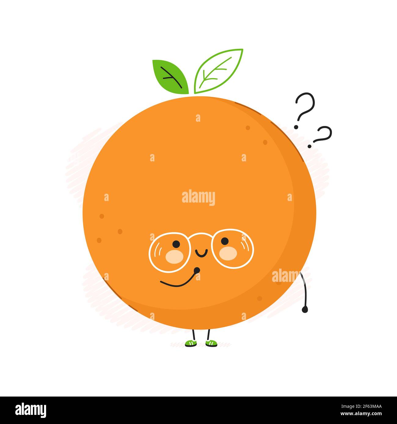 Cute funny Orange fruit with question marks. Vector hand drawn cartoon