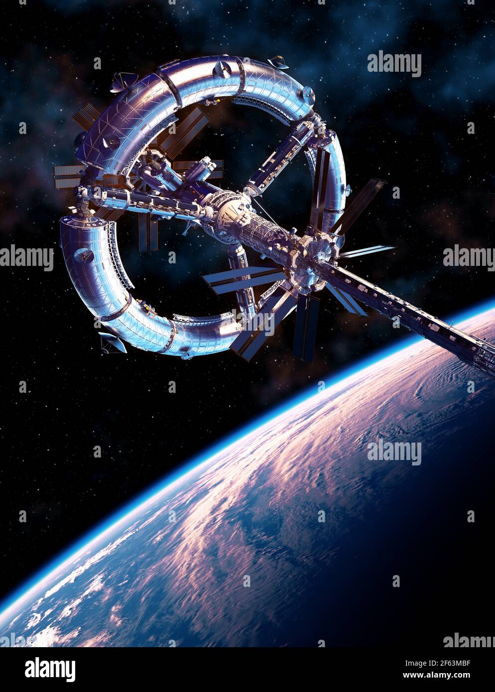 Futuristic Space Station Orbiting Blue Planet Earth Stock Photo