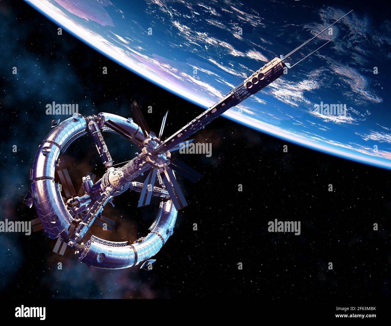 New Big Space Station Orbiting Blue Planet Earth Stock Photo