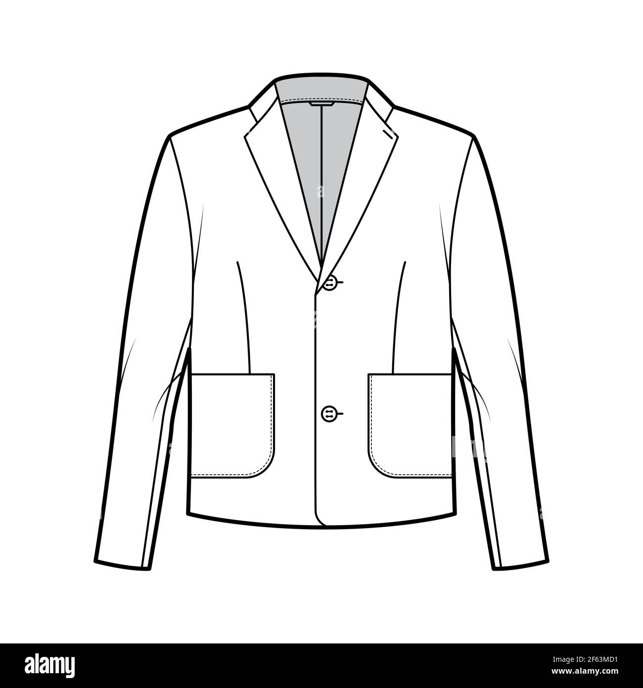 Blazer jacket suit technical fashion illustration with long sleeves,  notched lapel collar, patch pockets, oversized body. Flat coat template  front, white color style. Women, men, unisex top CAD mockup Stock Vector  Image