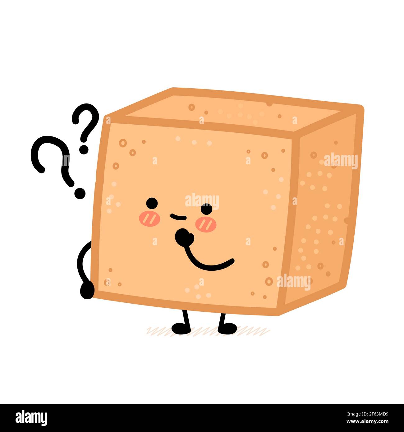 Cute brown cane sugar cube character with question mark. Vector flat line cartoon kawaii character illustration icon. Isolated on white background. Sugar, sugarcane unrefined cube character concept Stock Vector