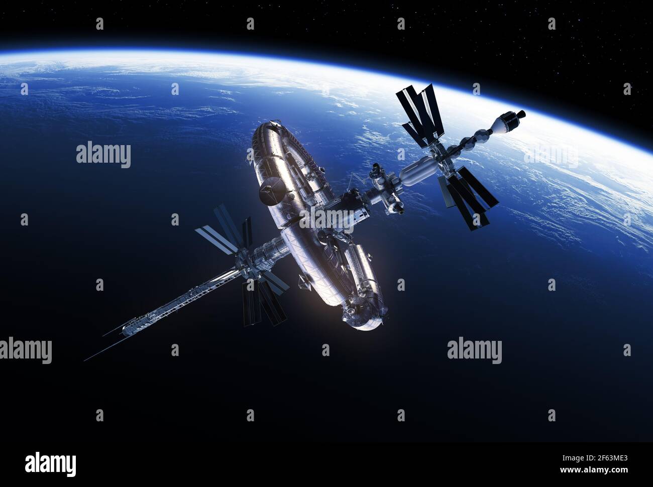 Big Space Station Orbiting Blue Planet Earth Stock Photo