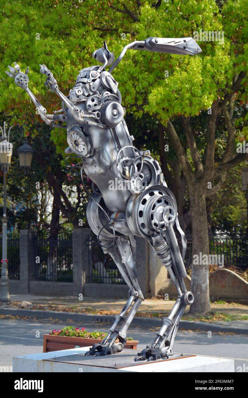 Street art on the Locomotive cultural and creative block in Jiaxing ,China. This is an animal made entirely from metal parts. Stock Photo