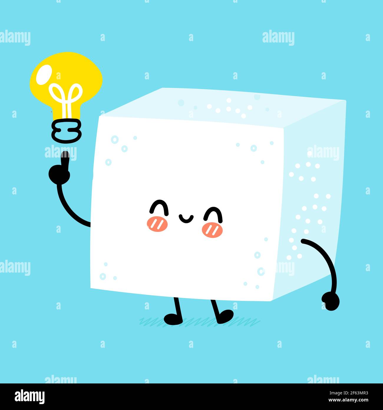 Cute funny happy sugar piece cube character with idea light bulb. Vector flat line cartoon kawaii character illustration icon. Sugar cube character concept Stock Vector
