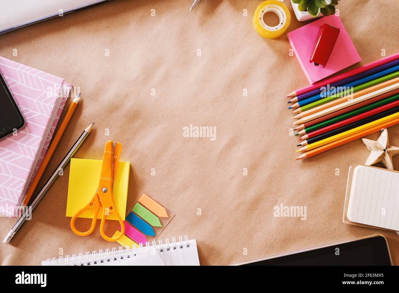Top view of children modern school desk set up Stock Photo - Alamy