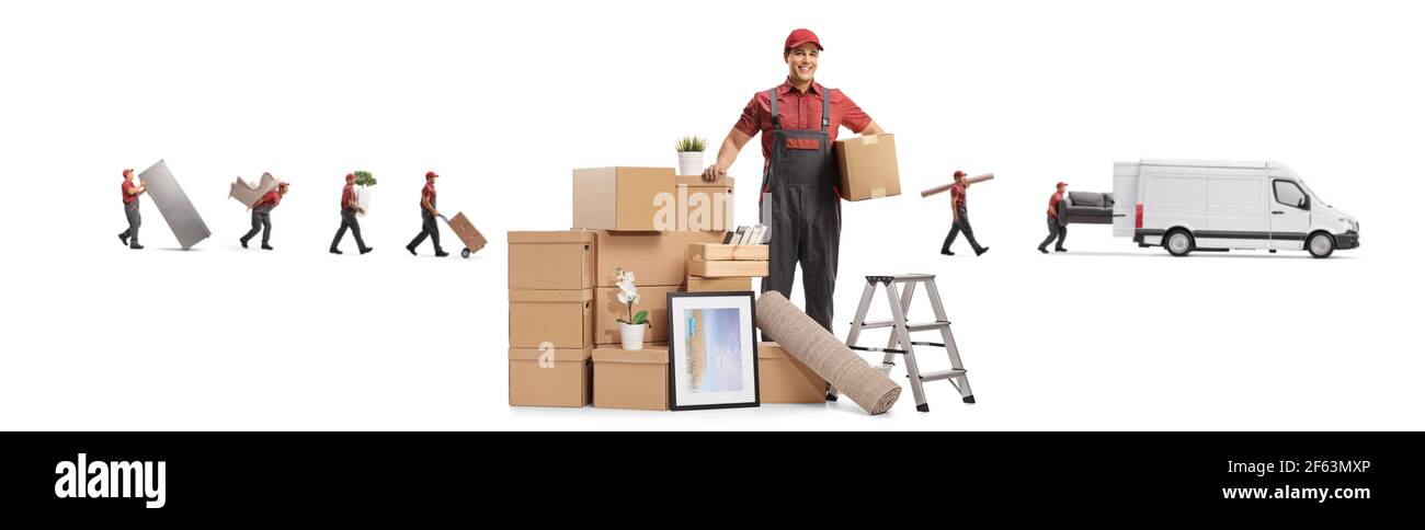 Many workers from a removal company with cardboard boxes and a van isolated on white background Stock Photo