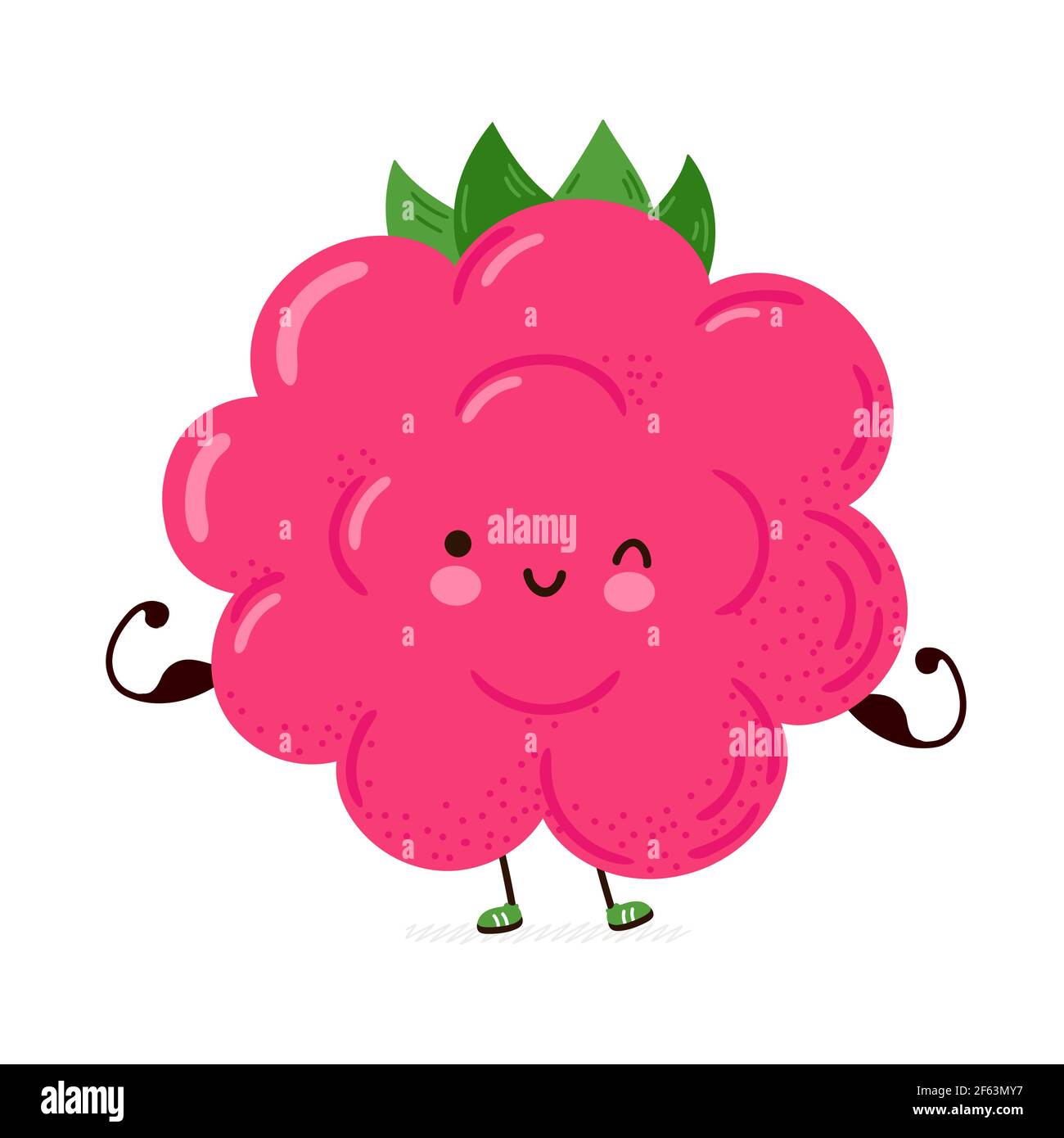 Cute funny Raspberry show muscle. Vector hand drawn cartoon kawaii character illustration icon. Isolated on white background. Raspberry fitness concept Stock Vector