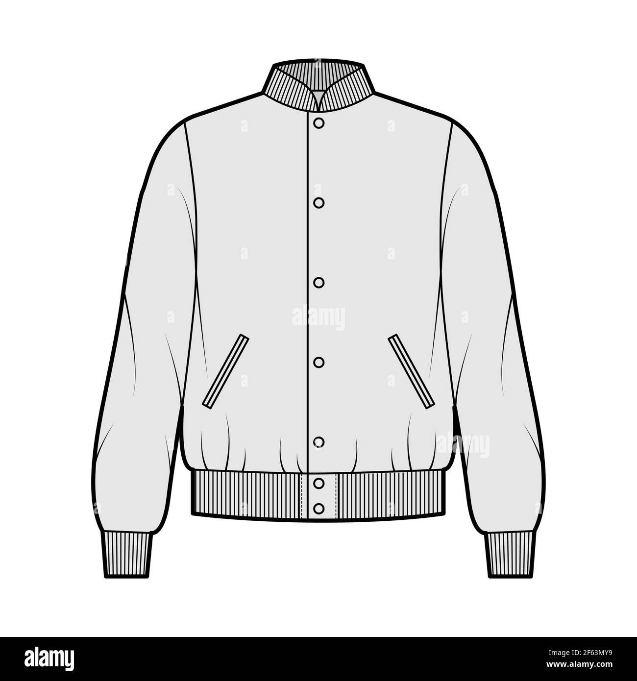 Varsity Bomber jacket technical fashion illustration with Rib collar, cuffs, waistband, jetted pockets, buttons fastening, oversized. Flat coat template front, grey color. Women men unisex top CAD Stock Vector