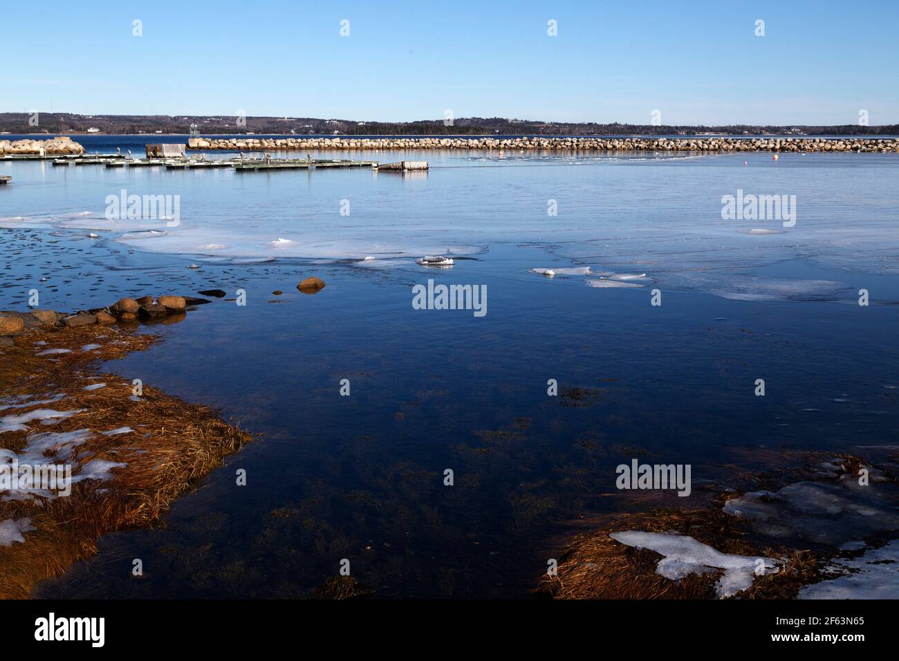Sheet ice floats in the partially frozen Rafuses Cove in Nova Scotia, Canada. A pier protects the harbour. Stock Photo