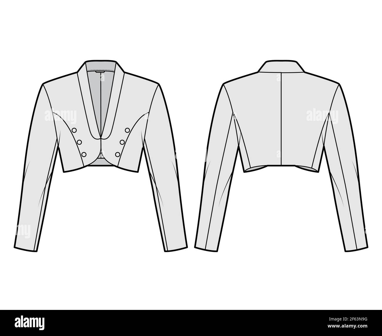 Bolero jacket technical fashion illustration with crop waist length, long sleeves, shawl collar