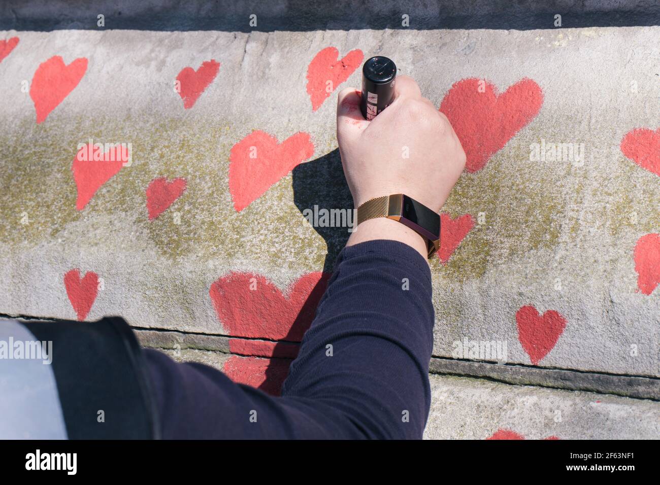 St Thomas's Hospital, London, UK. 29th March 2021. The bereaved and volunteers paint hearts for each person who has died of Covid. Credit: Denise Laura Baker/Alamy Live News Stock Photo